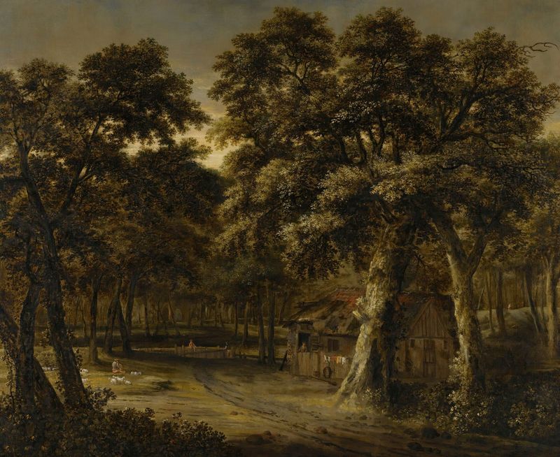 A woodland scene with a cottage and figures, oil painting by Philips Koninck