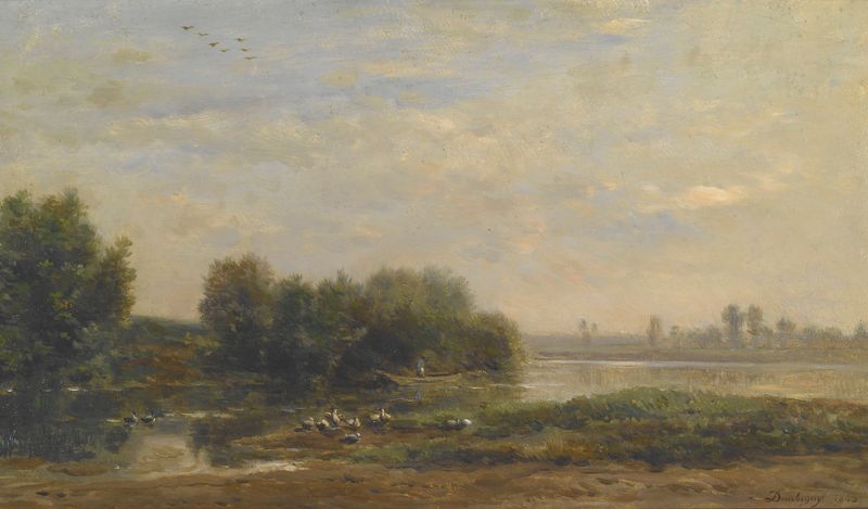 On the Oise de Charles François Daubigny, óleo que muestra un paisaje fluvial con reflejos y luz dorada.