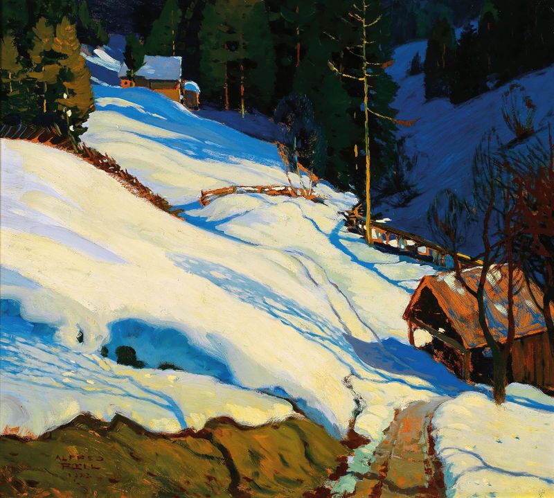 Winter landscape by Alfred Poell, oil on canvas showing snow-covered hills under a pale blue sky.