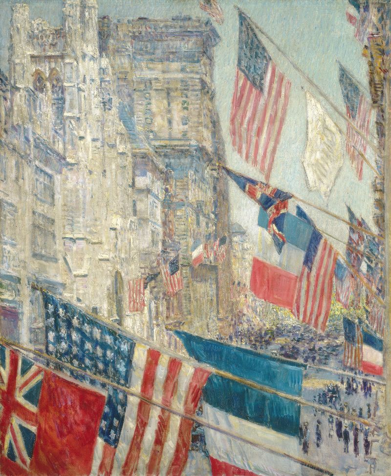 Allies Day, May 1917 de Childe Hassam, óleo sobre tela, retratando uma multidão com bandeiras em celebração.