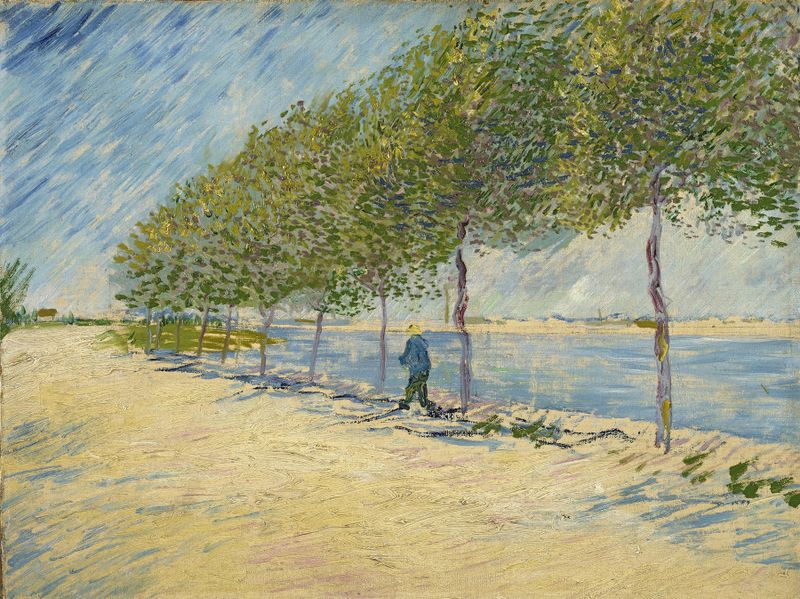 Along the Seine de Vincent van Gogh, óleo sobre lienzo, que representa un paisaje fluvial vibrante con colores en espiral