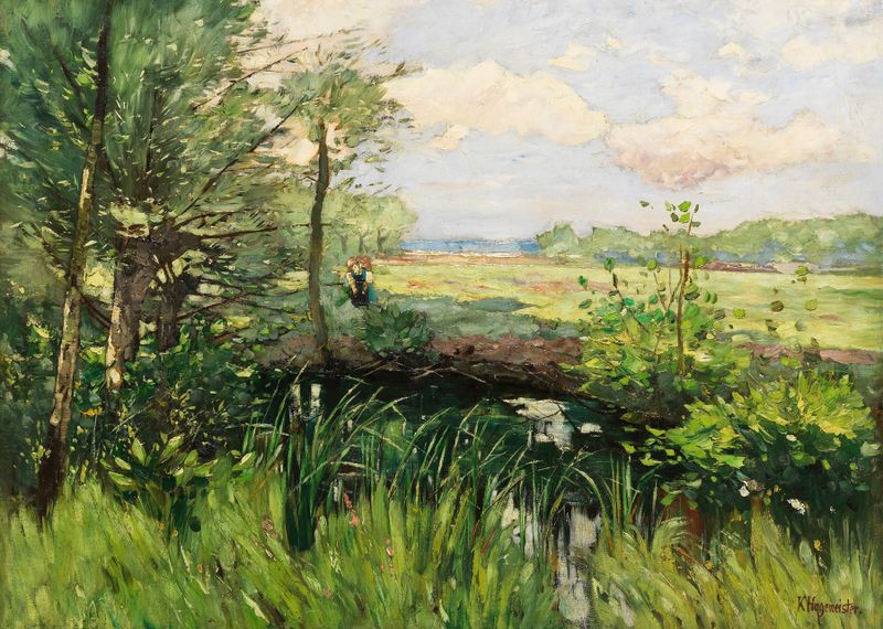 Oil painting by Karl Hagemeister depicting a serene lake in spring.