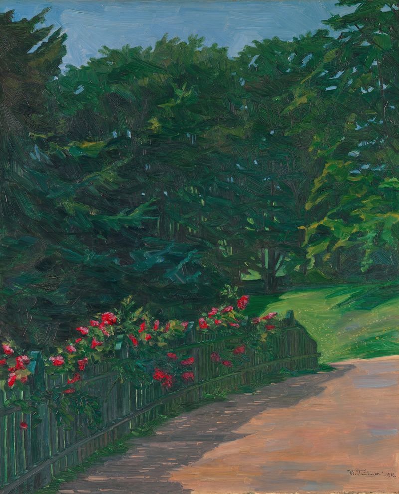 Pintura al óleo de Wilhelm Trübner que representa un jardín vibrante de rosas