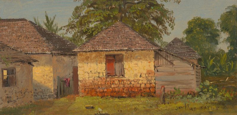 Houses, 'Mt. Salus' de Frederic Edwin Church, óleo sobre lienzo que representa un pueblo al atardecer.