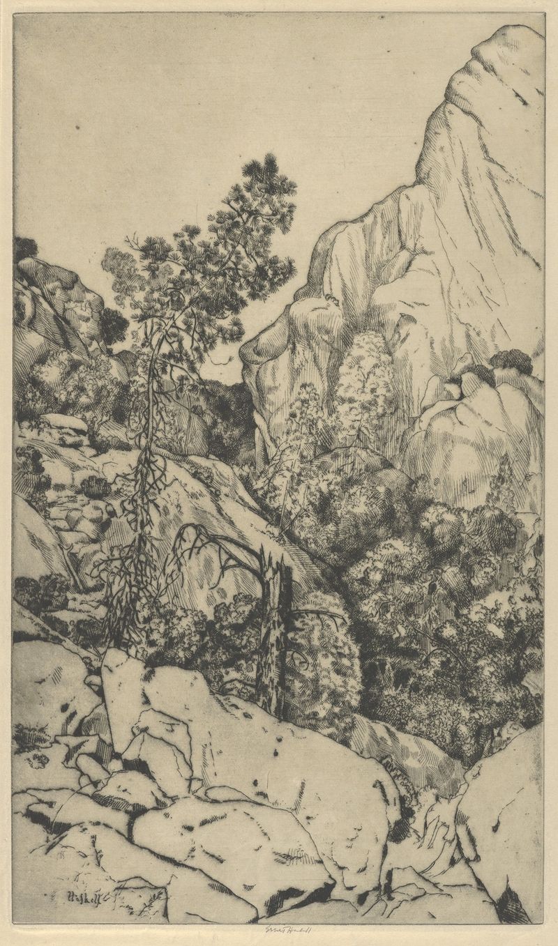 Acuarela de Ernest Haskell que muestra un lago sereno reflejando pinos y montañas.