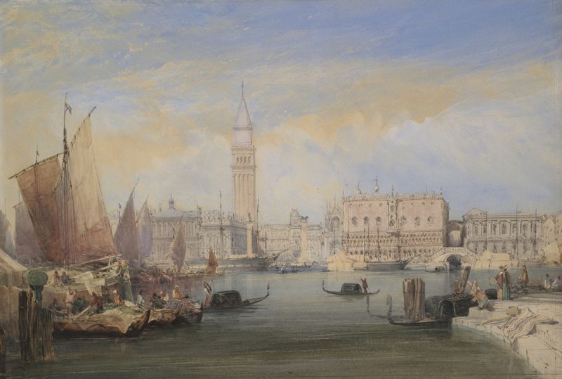 Watercolour by William Callow depicting Venice at sunset with vibrant hues.