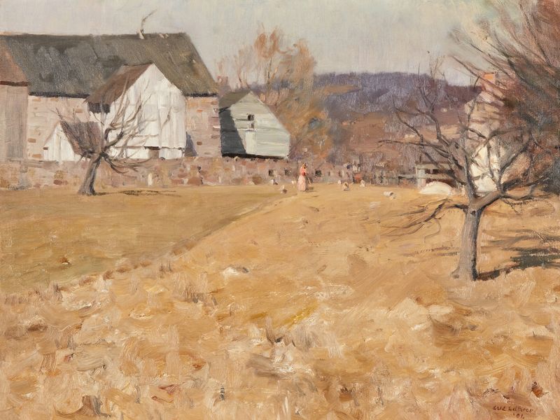 Landscape oil painting by William Langson Lathrop depicting chickens in sunlight among trees