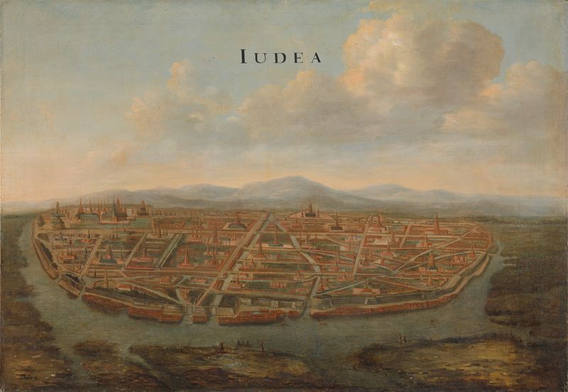 Oil painting by Johannes Vinckboons depicting trading posts of the Dutch East India Company.
