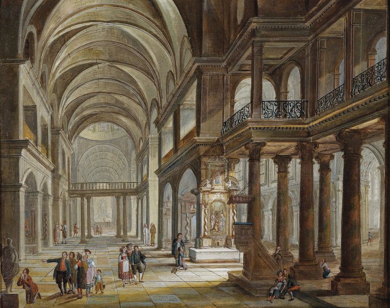 Interior scene featuring a high altar with gilded details, oil painting by Christian Stöcklin