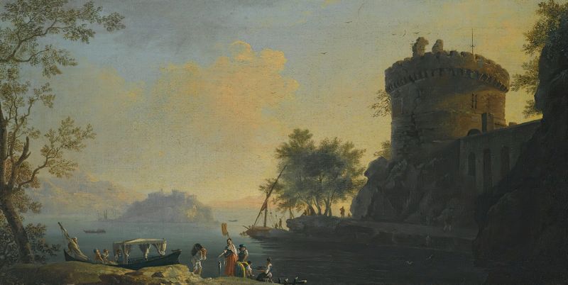 An Italianate landscape with cypress trees and the tomb of the Plautii by Thomas Patch, oil painting