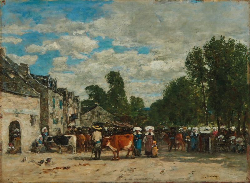 Foire en Bretagne de Eugène Boudin, pintura al óleo que representa una escena costera animada con coloridas tiendas.