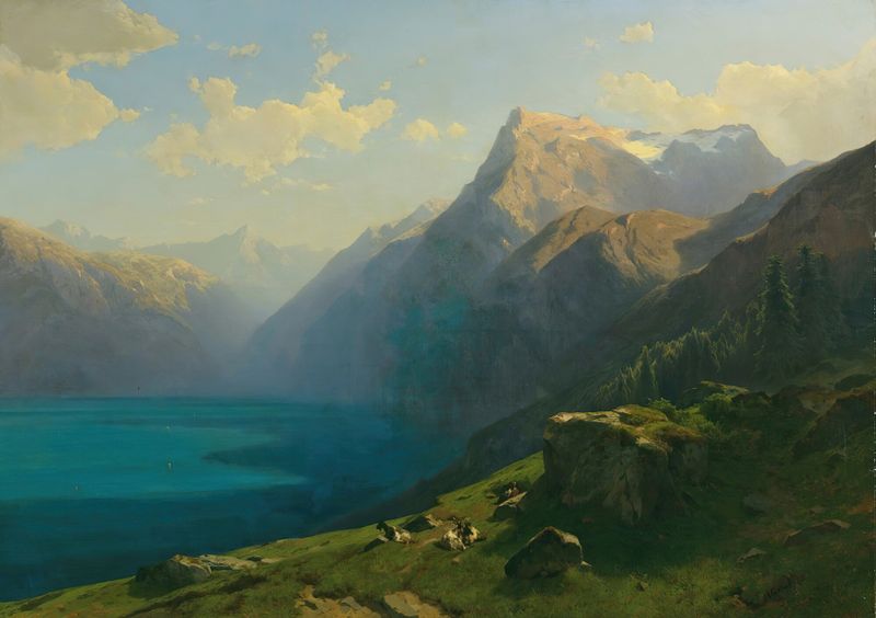Lake Lucerne landscape with mountains, oil painting by Alexandre Calame
