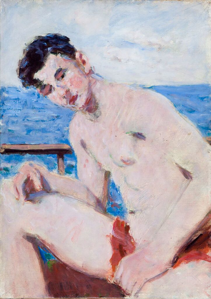 Retrato de un joven sentado con el codo en la rodilla, óleo sobre lienzo de Denman Waldo Ross