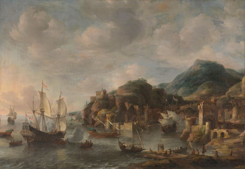 Dutch Ships in a Foreign Port, oil on canvas by Jan Abrahamsz Beerstraaten depicting ships in a harbor.