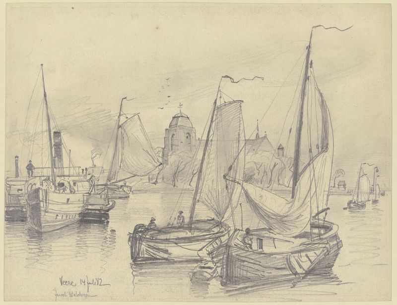 Oil on canvas by Friedrich Ernst Morgenstern depicting boats in the port of Veere with shimmering water.