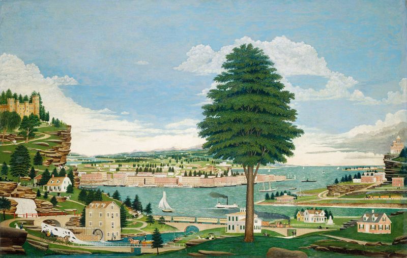 Composite Harbor Scene with Castle de Jurgan Frederick Huge, pintura a óleo que mostra um porto e um castelo distante.