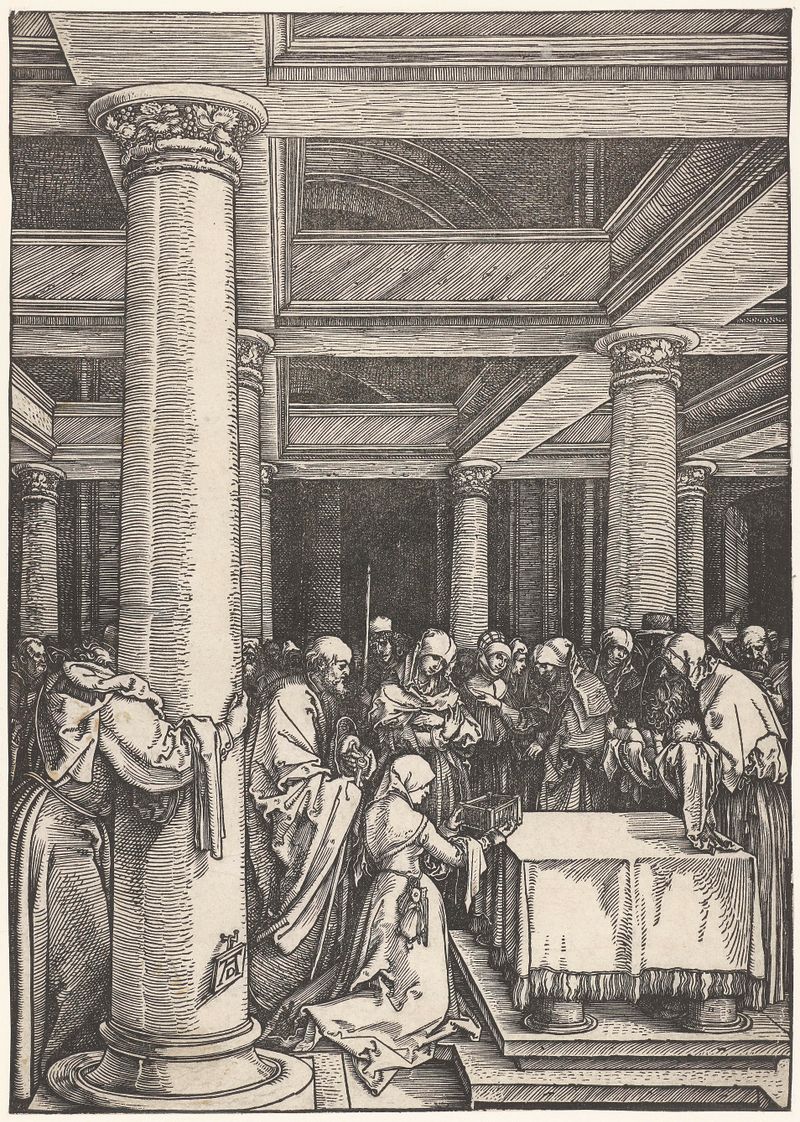 Escena religiosa de la presentación de Jesús en el templo, papel de Albrecht Dürer