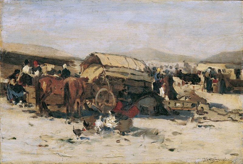 Ungarische Marktszene de Gergely Pörge, obra de realismo que retrata uma cena de mercado movimentada.