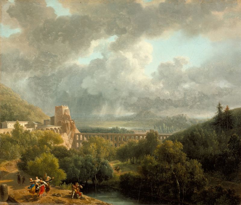 Landscape with an Aqueduct, oil on canvas by Nicolas-Antoine Taunay, featuring an aqueduct under golden light.