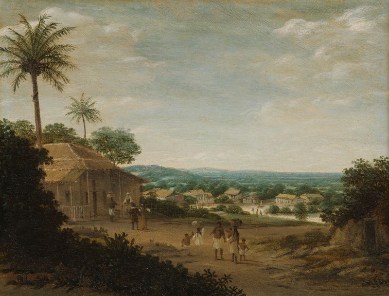 Vila Brasileira de Frans Post, óleo sobre tela, retratando uma vila com vegetação e casas coloridas.