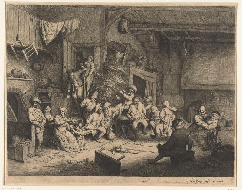 Etching by Adriaen van Ostade depicting figures dancing in a rustic inn