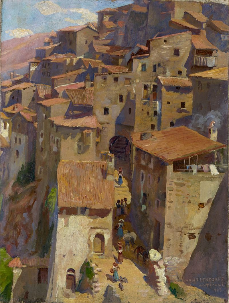 Anticoli de Hans Ludwig Lendorff, óleo sobre lienzo que muestra luz dorada sobre un paisaje italiano