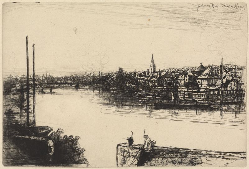 Engraving by Francis Seymour Haden depicting a serene river landscape with trees at twilight