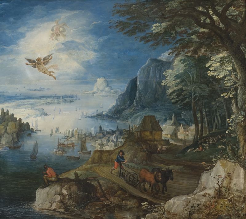 Paisagem com a Queda de Ícaro, óleo sobre tela de Joos de Momper, apresentando uma figura arando.