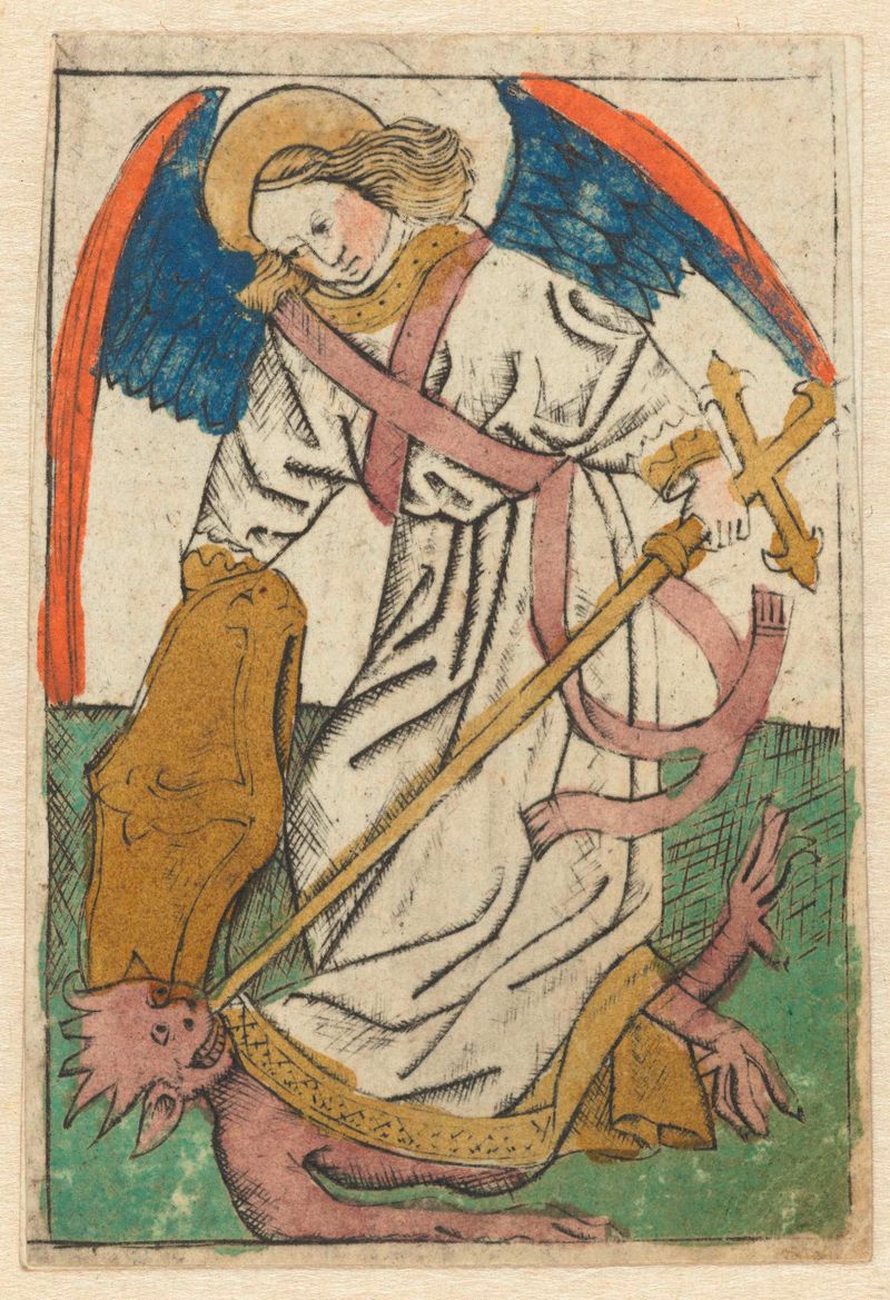 Grabado del arcángel Miguel en batalla, Unknown Artist