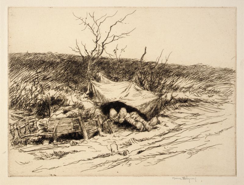 Lodgings for the Night, etching by Kerr Eby, featuring a solitary figure under a starry sky.