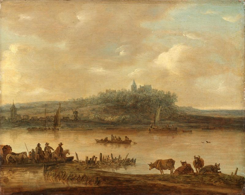 Pintura paisajística al óleo de Jan van Goyen con el Rin y Elterberg