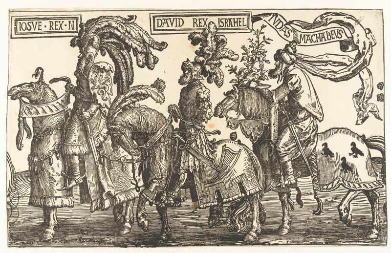Cena religiosa com Josué, David e Judas Macabeu, pintura a óleo de Lucas van Leyden