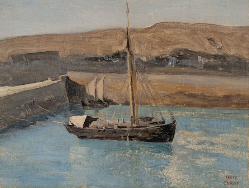 A Fishing Boat, Honfleur de Jean-Baptiste-Camille Corot, óleo sobre papel retratando uma cena tranquila do porto.
