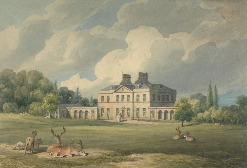 Addington Place, Surrey de John Preston Neale, óleo sobre lienzo que representa una casa señorial y jardines