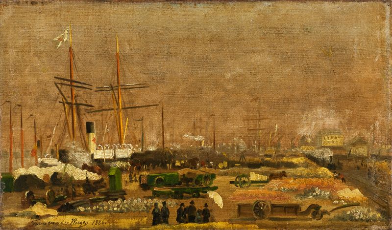 Havenscene te Antwerpen de Frans Van Der Weegen, óleo sobre tela que retrata o porto de Antuérpia com barcos e água cintil...