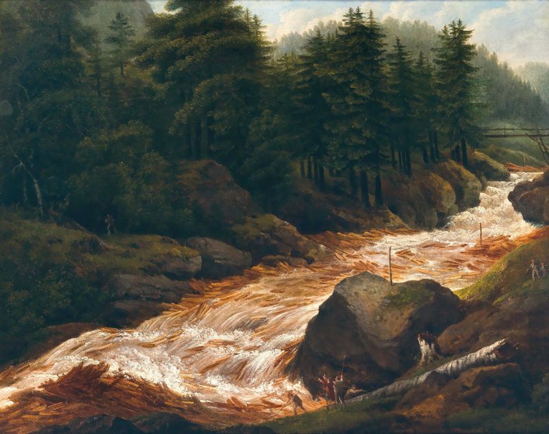 Loggers at a Mountain Torrent, oil on canvas by Franz Scheyerer, featuring laborers in a mountainous landscape.