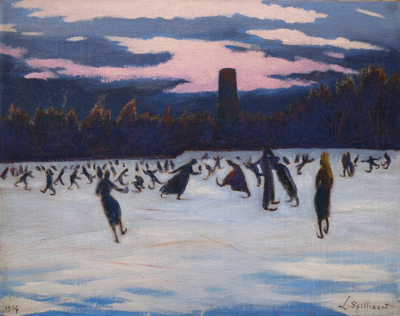 Les Patineurs au parc Marie-Henriette, Ostende de Léon Spilliaert, óleo sobre lienzo que muestra patinadores en un parque ...