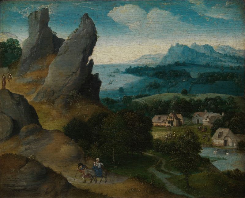 Paisaje con la Huida a Egipto, óleo sobre panel de Joachim Patinir