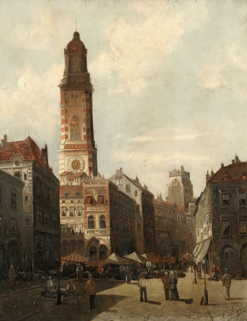 A street market scene with vibrant fruits and vegetables, oil painting by August Von Siegen
