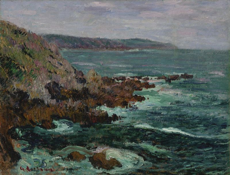 Rochers dominant la mer en Bretagne de Gustave Loiseau, pintura al óleo que muestra rocas y suaves olas.