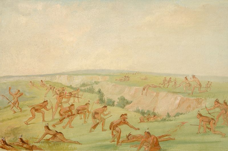 Mandan warriors attacking Arikara, oil on canvas by George Catlin