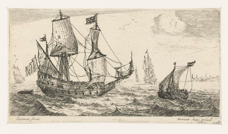 Grabado marino de Unknown Artist que representa un barco con velas vibrantes y luz solar.