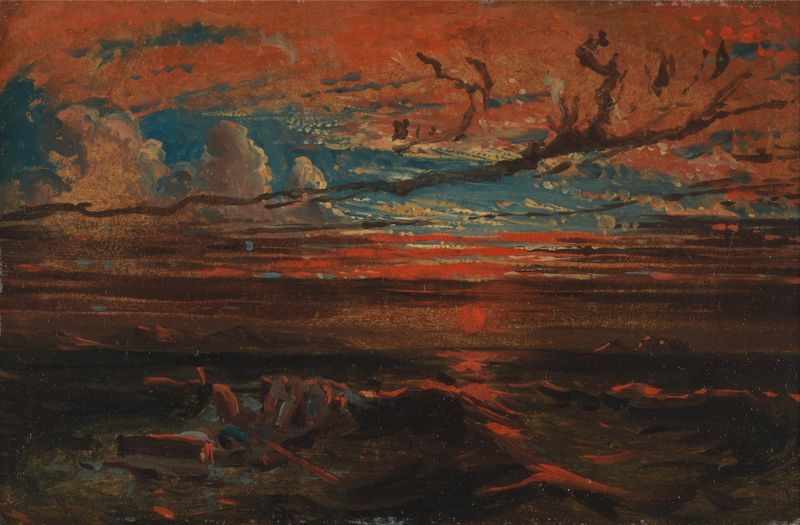 Sunset at Sea after a Storm by Francis Danby, oil on canvas depicting a stormy ocean at sunset.