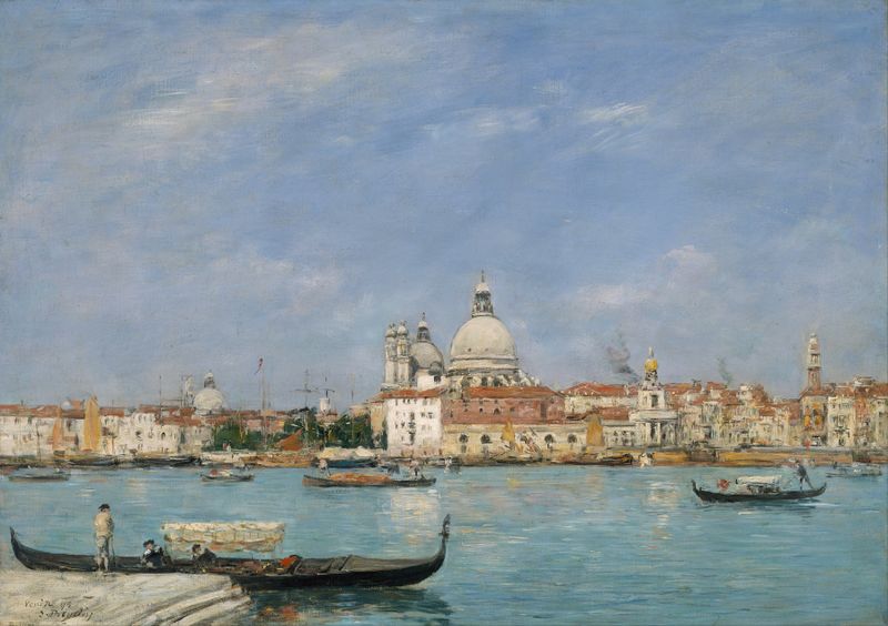 Paisagem de Veneza com canal e arquitetura, pintura a óleo de Eugène Boudin
