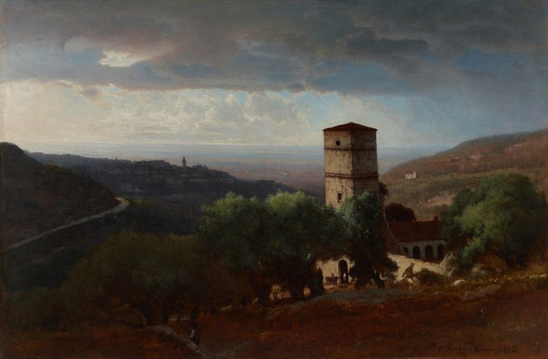 Paisaje con ruinas y colinas en pintura al óleo de George Inness