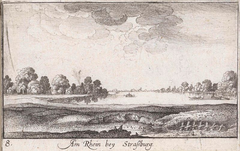 Grabado de Wenceslaus Hollar que representa el paisaje del río Rin con reflejos y cielo sereno