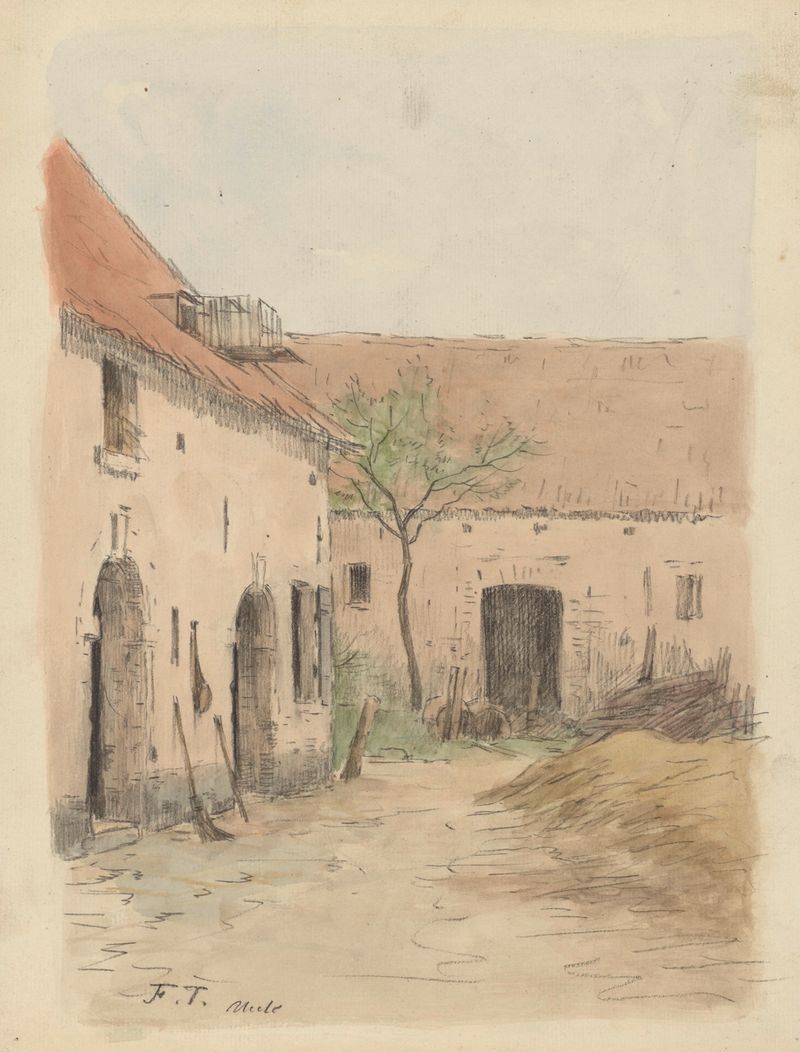 Paisagem de um quintal rural com edifícios em ruínas, óleo sobre tela de Jean-François Taelemans