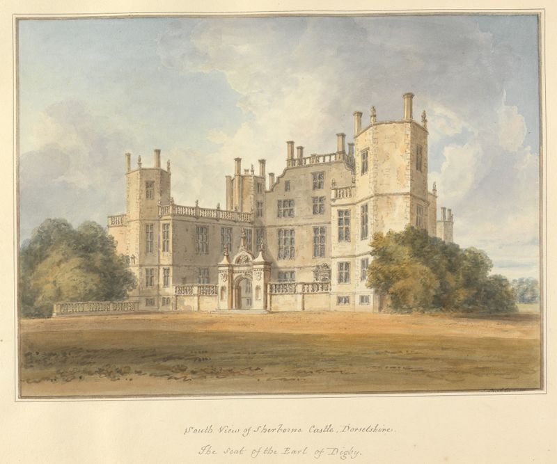 Aquarela de John Buckler mostrando o Castelo de Sherborne cercado por vegetação.