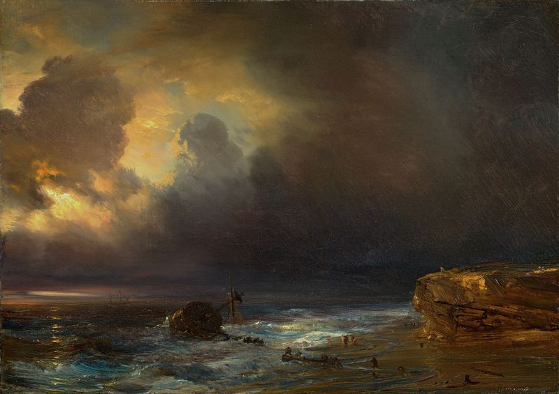 Coastal scene by moonlight, oil on canvas by Théodore Gudin