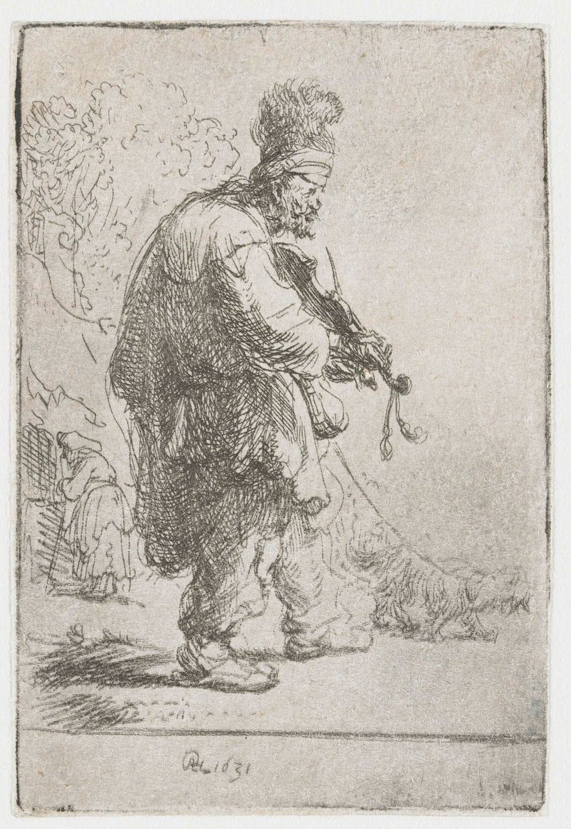 O violinista cego de Rembrandt van Rijn, gravura de um músico cego com expressão ternura.